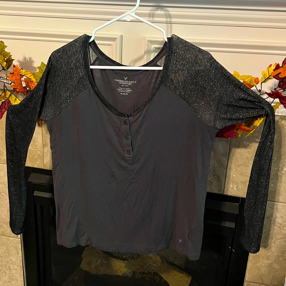 Baseball style glitter long sleeve blouse